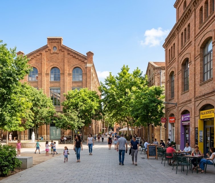 Vistas de las calles, la arquitectura industrial y la vida vecinal en La Bordeta, Barcelona